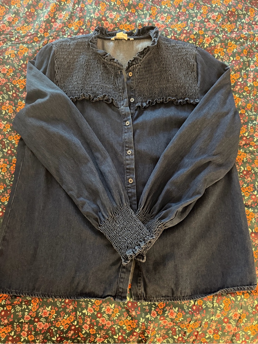 Boden Blue Denim Smocked Yoke Button-Down Shirt - Picture 7 of 8